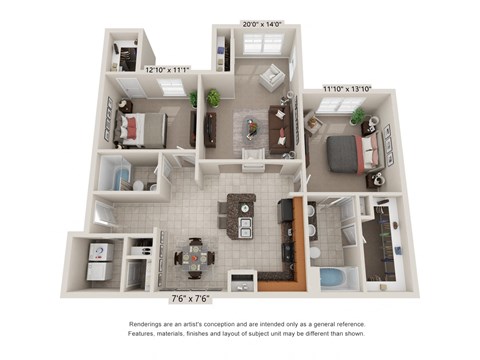 Floor plan for 2 beds, 2 baths, 1275 sqft